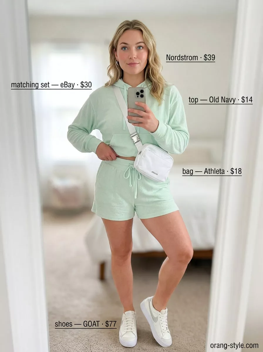 Trendy sporty chic summer outfit 2026: Mint green athleisure set with white platform sneakers and belt bag for a fresh look.