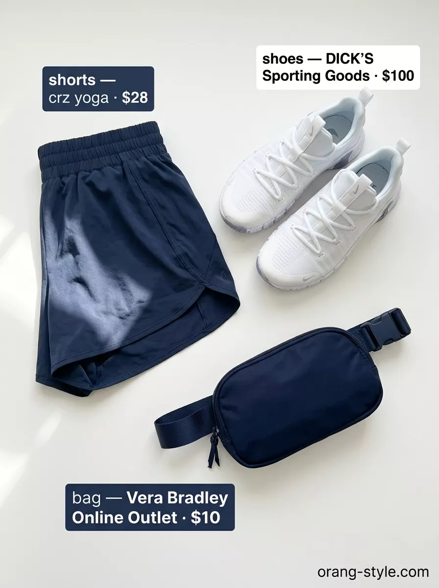 Trendy Summer Activewear 2026: Dynamic Sweat & Style Trendy summer activewear for women 2026: Bright orange crop tank, navy shorts, white jacket for fitness class.