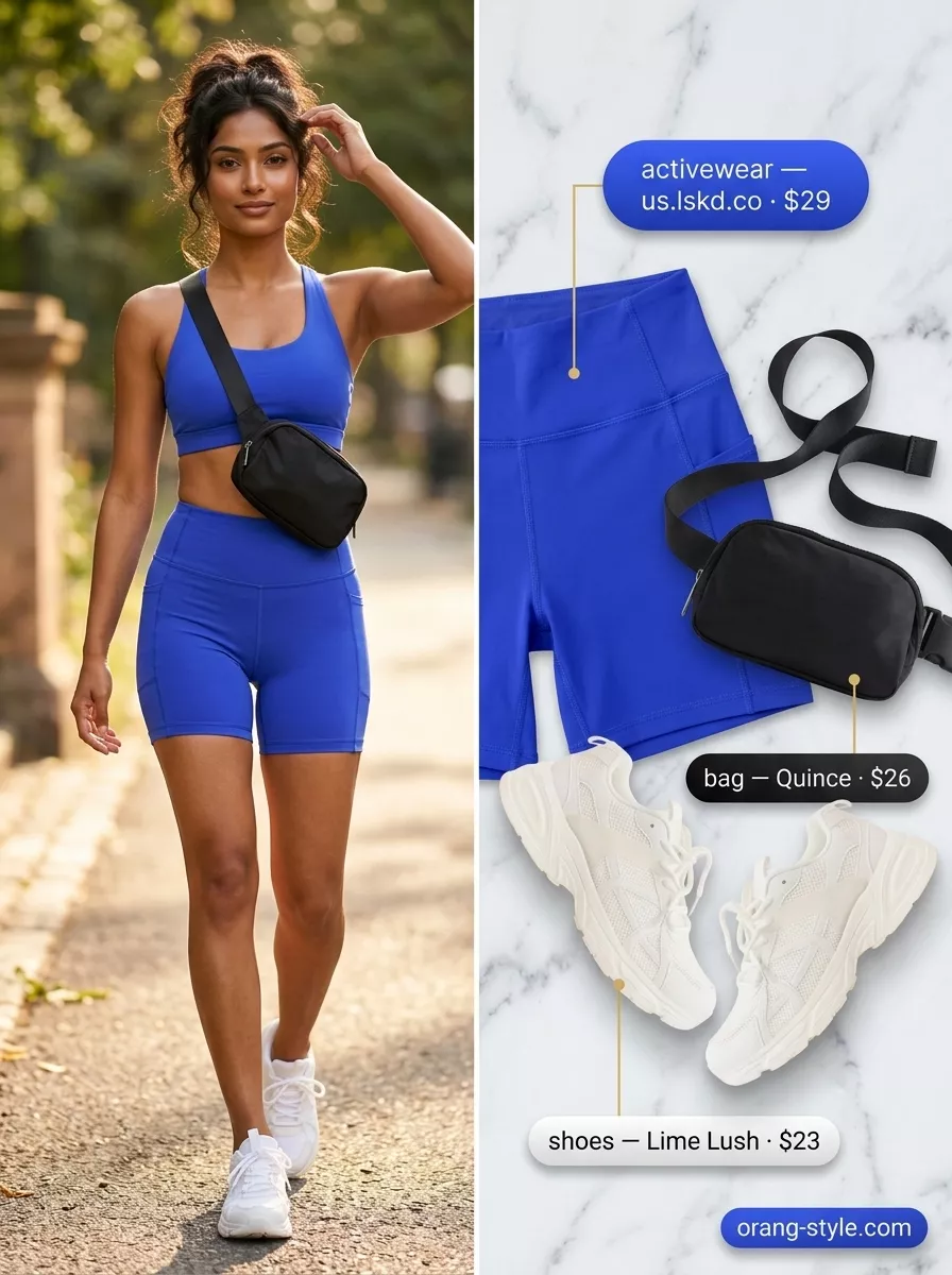 Trendy Summer Activewear 2026: Urban Explorer HIIT Trendy summer activewear for women 2026: Cobalt blue biker shorts, black tank, white graphic tee for HIIT workout.