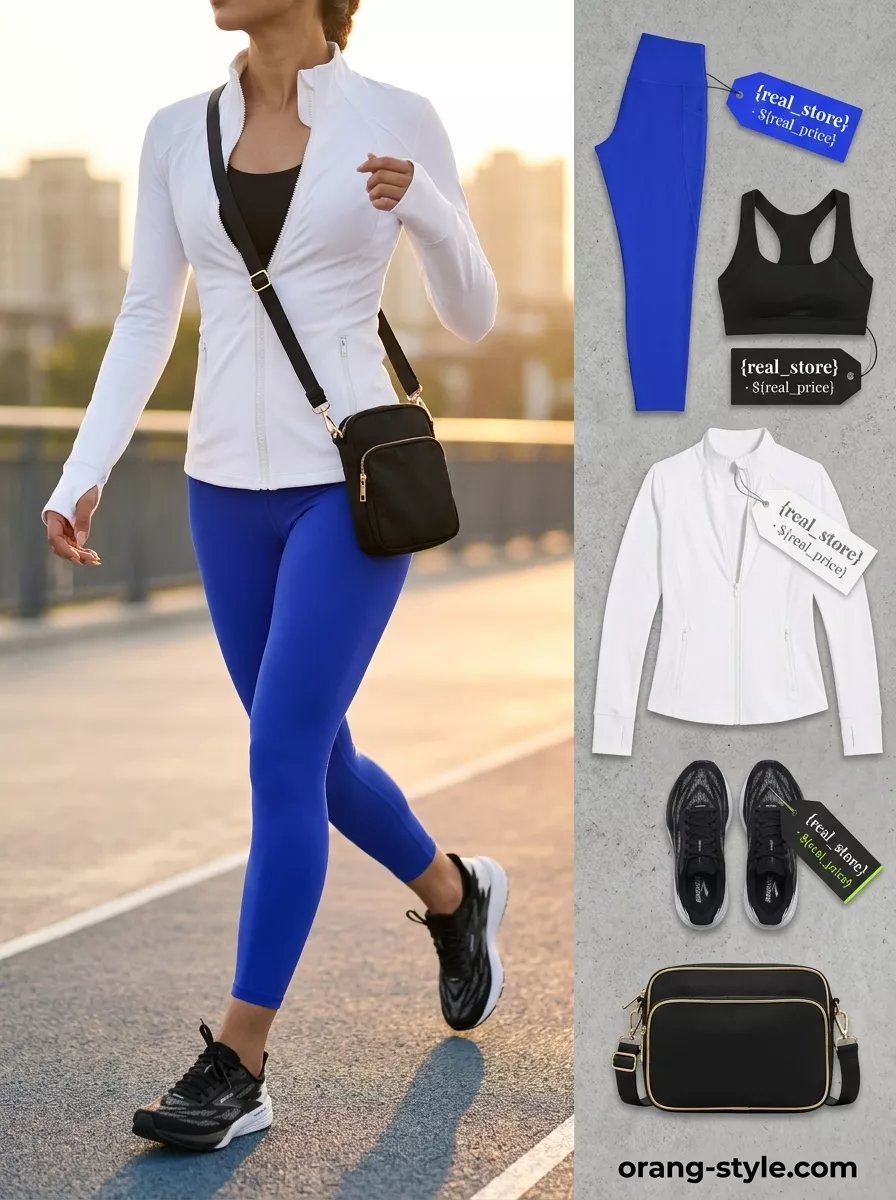 Trendy Summer Activewear 2026: Cobalt Leggings Trendy summer activewear for women 2026: Cobalt blue leggings with white track jacket for running.