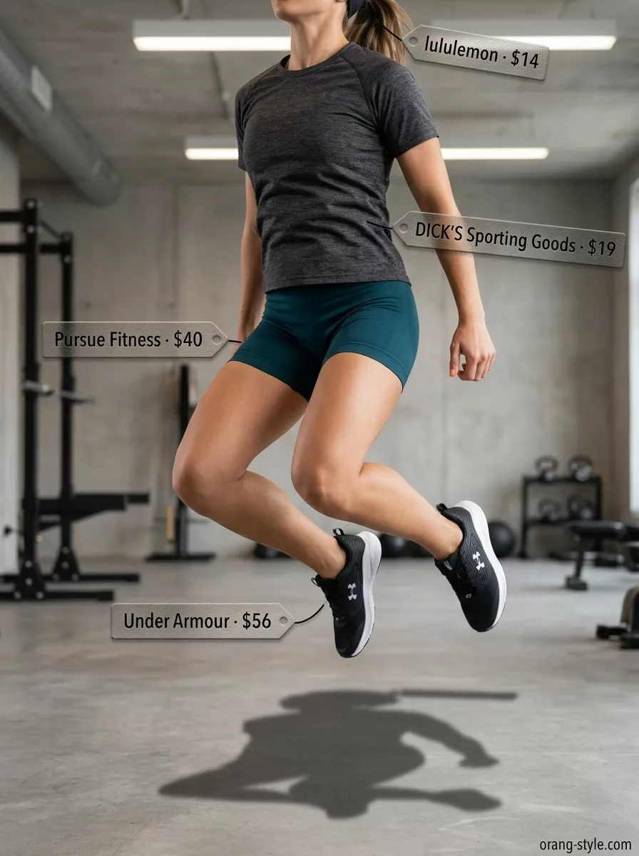 Trendy Summer Activewear 2026: HIIT Ready Gear Trendy summer activewear for women 2026: Deep teal shorts, black sports bra, and grey t-shirt for HIIT.