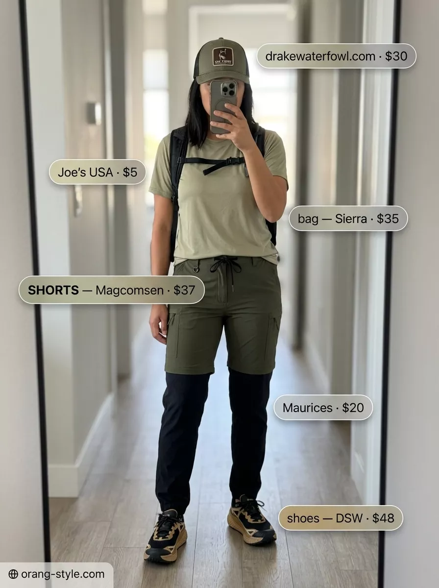 Trendy Summer Activewear 2026: Hiking Shorts Trendy summer activewear for women 2026: Olive green hiking shorts with tan performance tee for desert trails.