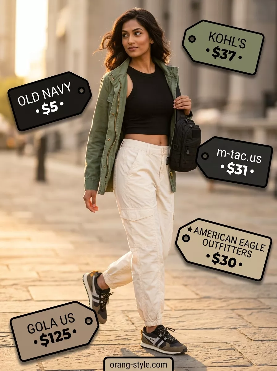Trendy Summer Activewear 2026: Urban Explorer Trendy summer activewear for women 2026: Khaki cargo joggers with olive green utility jacket for urban exploration.