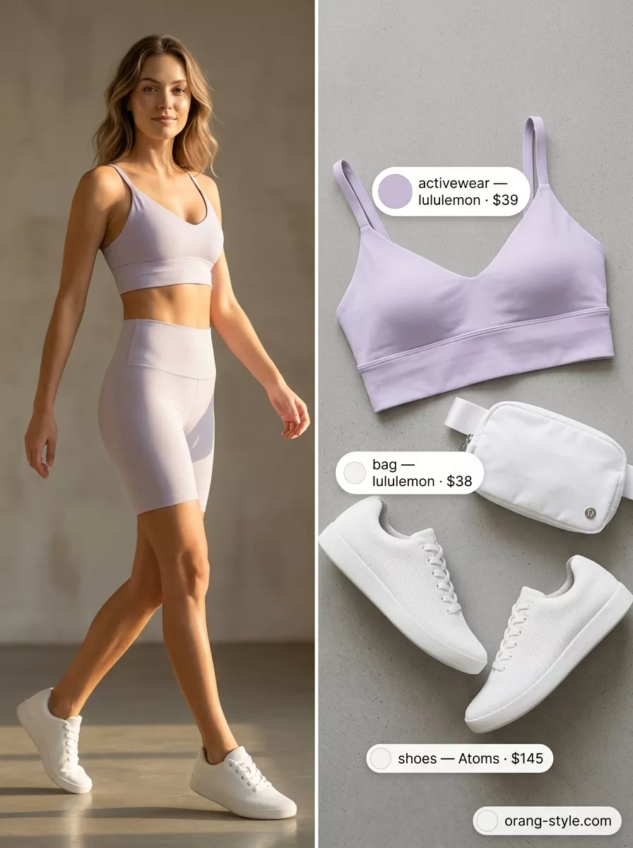 Trendy Summer Activewear 2026: Lavender Yoga Set Trendy summer activewear for women 2026: Soft lavender leggings, cream t-shirt, and white belt bag for yoga.