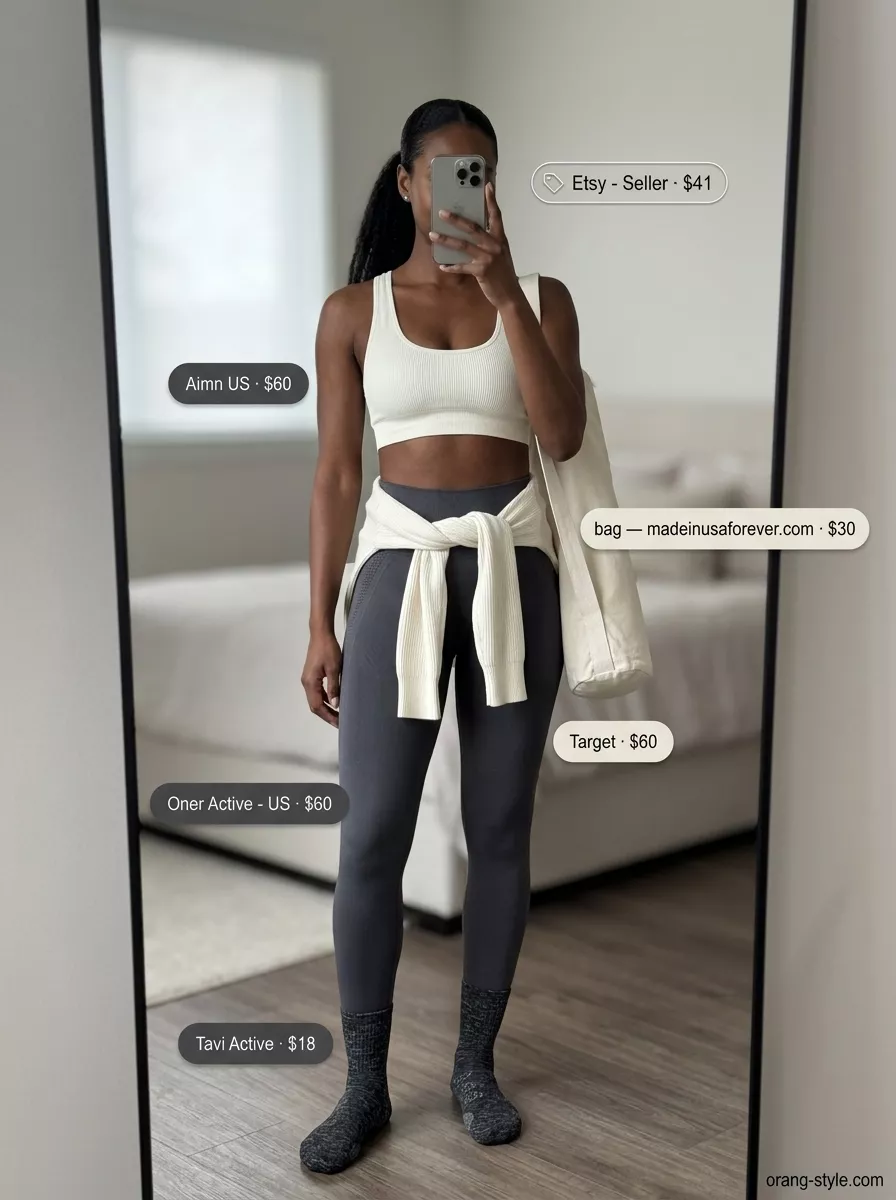Trendy Summer Activewear 2026: Yoga Set Trendy summer activewear for women 2026: Charcoal gray seamless ribbed set with ivory wrap cardigan for yoga.