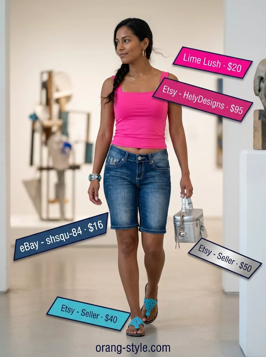 Artsy Gallery Hop Outfits for Women 2026 Artsy gallery hop outfit with embroidered indigo shorts, knit top, embellished sandals, and statement cuff for women 2026.