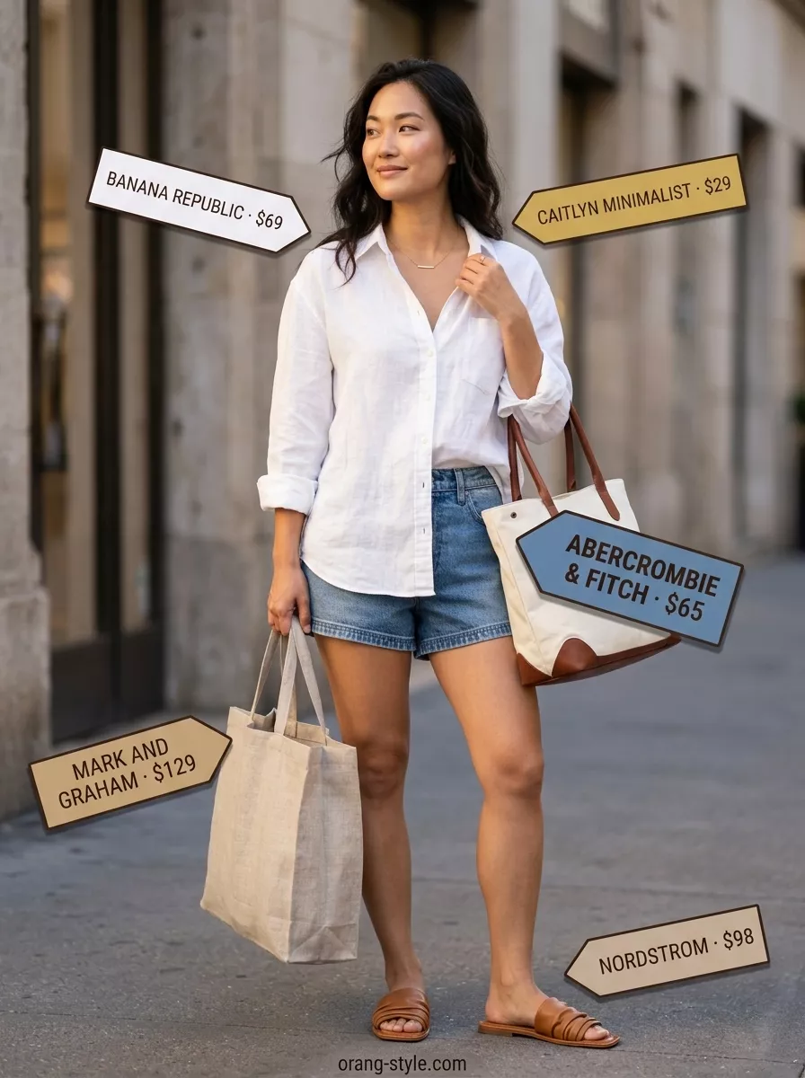 Effortless Coffee Run Outfits for Women 2026 Effortless coffee run outfit with raw hem denim shorts, oversized linen shirt, and leather slides for women 2026.
