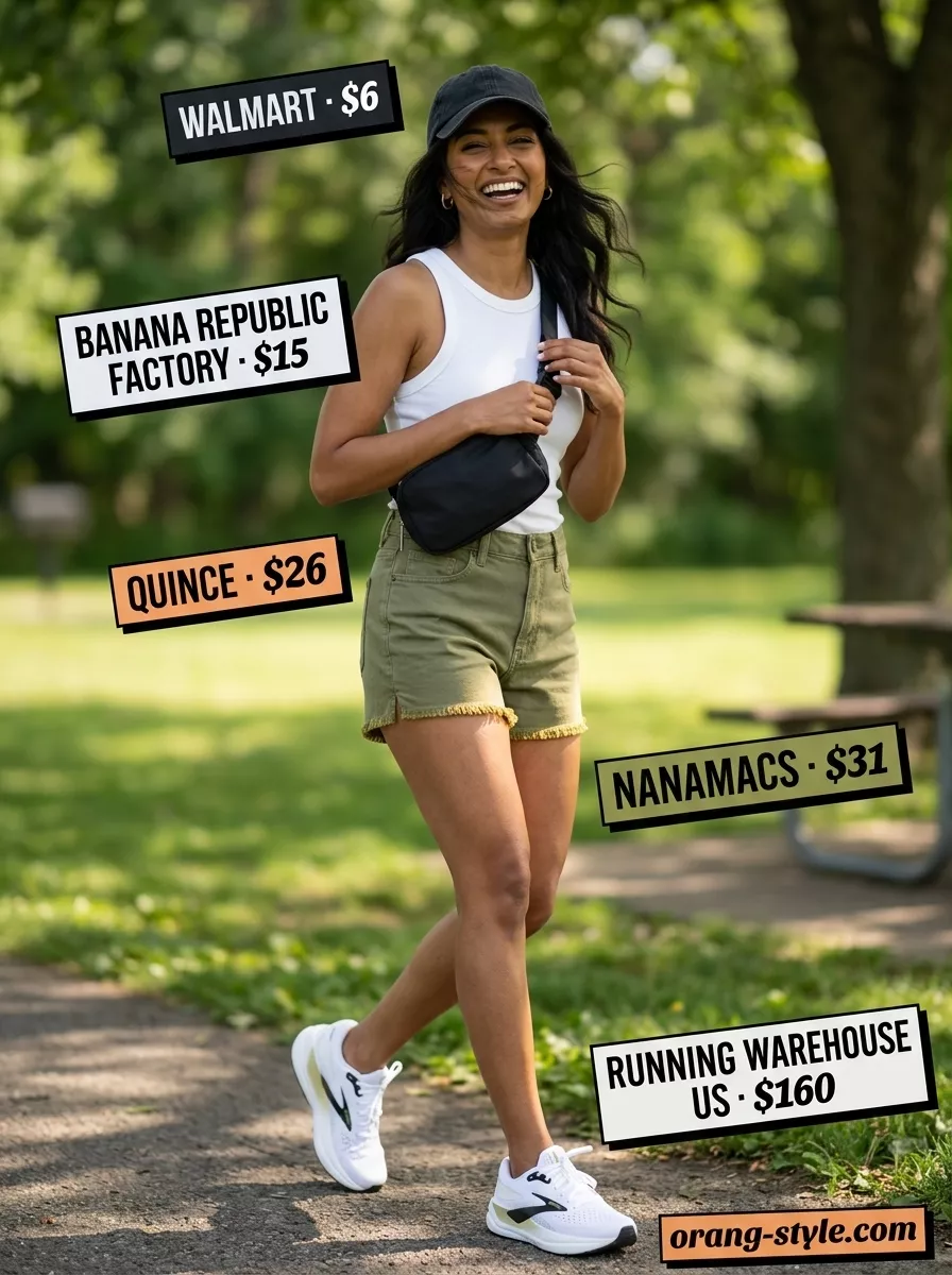 Sporty Park Day Outfits for Women 2026 Sporty park day outfit with olive green denim shorts, racerback tank, sneakers, and baseball cap for women 2026.