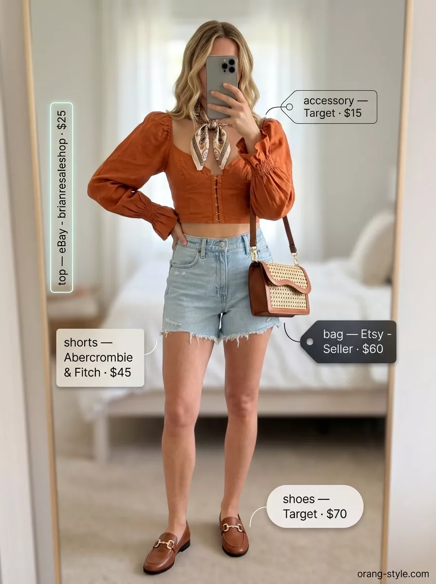 Vintage Market Denim Shorts 2026 Vintage Market Maven: Mid-wash denim shorts, rust puff-sleeve top, silk bandana. Trendy summer denim shorts for women 2026.