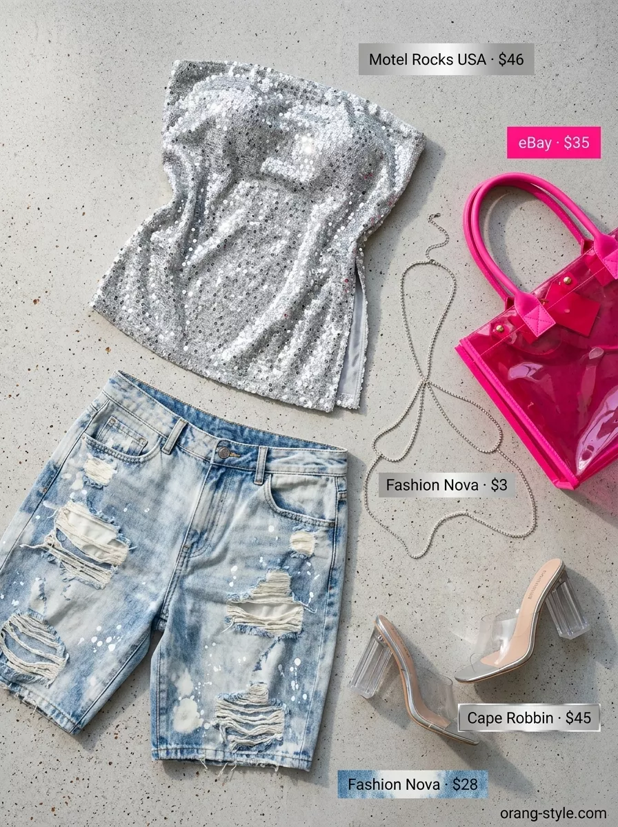 Y2K Pool Party Glam: Bleached blue distressed denim shorts, silver bandeau top. Trendy summer denim shorts for women 2026.