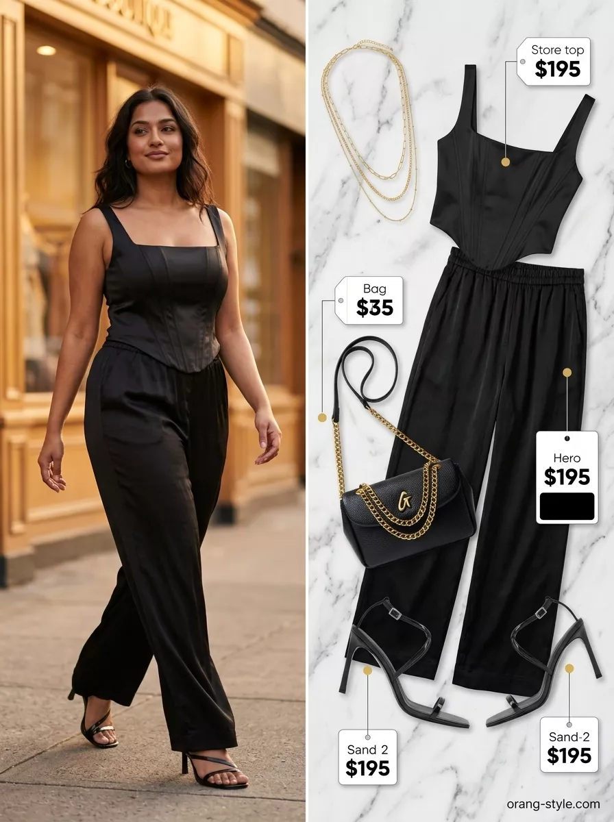 Black Trousers: Trendy Summer Going Out Outfits 2026 Black wide-leg trousers with ivory corset top & black sandals for trendy summer going out outfits for women 2026.