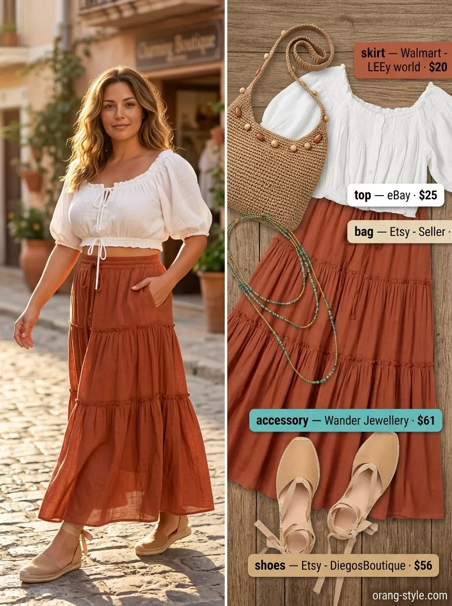Bohemian Summer Going Out Outfits for Women 2026 Bohemian Rhapsody outfit: Terracotta tiered maxi skirt, cream off-shoulder top, jute espadrilles for summer going out.