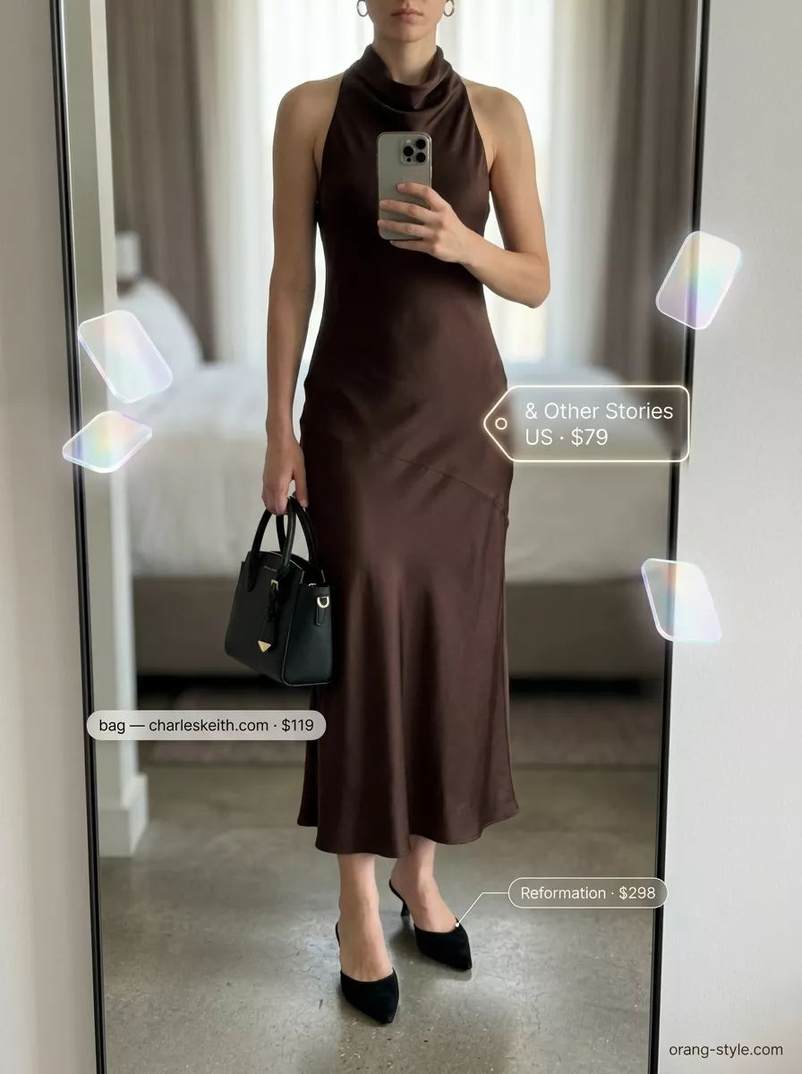 Brown Dress: Trendy Summer Going Out Outfits 2026 Chocolate brown satin slip midi dress with black mules for trendy summer going out outfits for women 2026.
