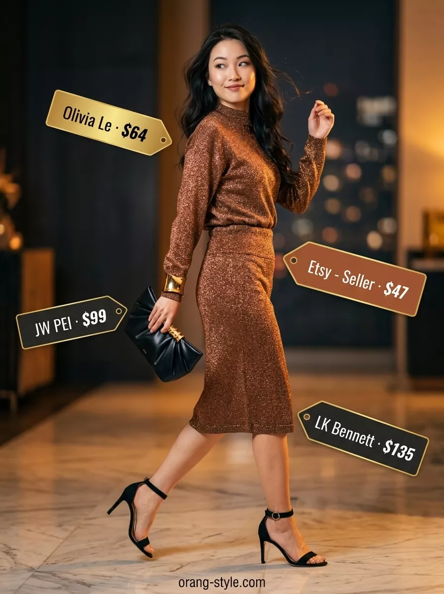 Copper Set: Trendy Summer Going Out Outfits 2026 Copper metallic knit set with black heels for trendy summer going out outfits for women 2026.
