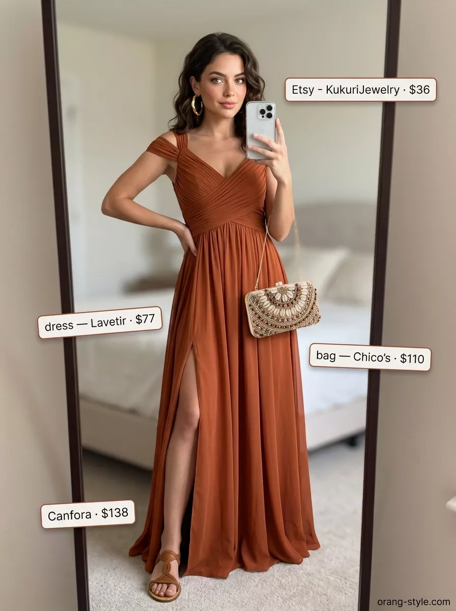 Elegant Summer Gala Outfits for Women 2026 Desert Bloom Gala dress: Rust orange flowy maxi dress with side cut-outs and gold statement earrings.