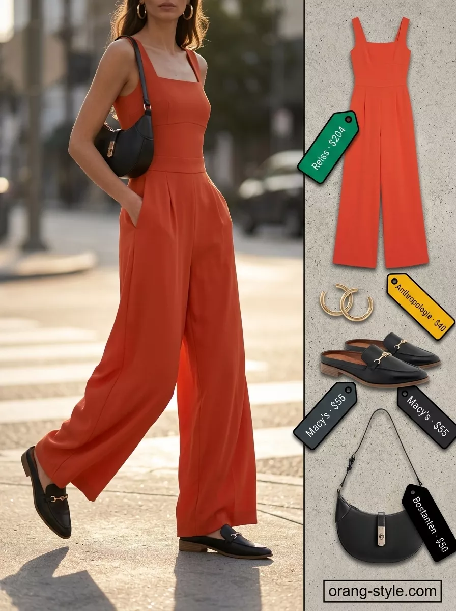 Bold Evening Outfits for Women 2026 Desert Bloom Jumpsuit: Terracotta wide-leg jumpsuit with black mules and oversized gold hoops for evening drinks.