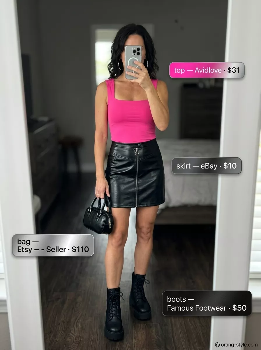 Edgy Night Out Outfits for Women 2026 Electric Pink Pop: Hot pink crop top with black faux leather mini skirt and combat boots for nights out.