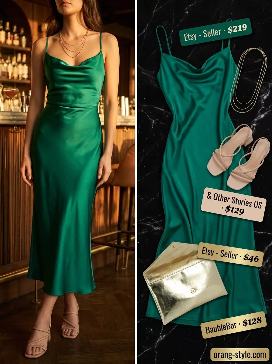 Emerald Dress: Trendy Summer Going Out Outfits 2026 Emerald green cowl neck slip dress with nude sandals for trendy summer going out outfits for women 2026.