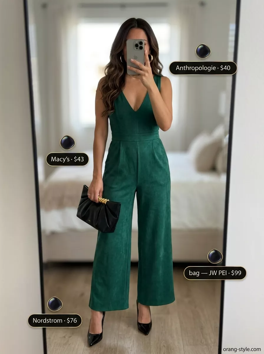 Emerald green wide-leg jumpsuit for trendy summer going out outfits for women 2026. Cocktail event style.