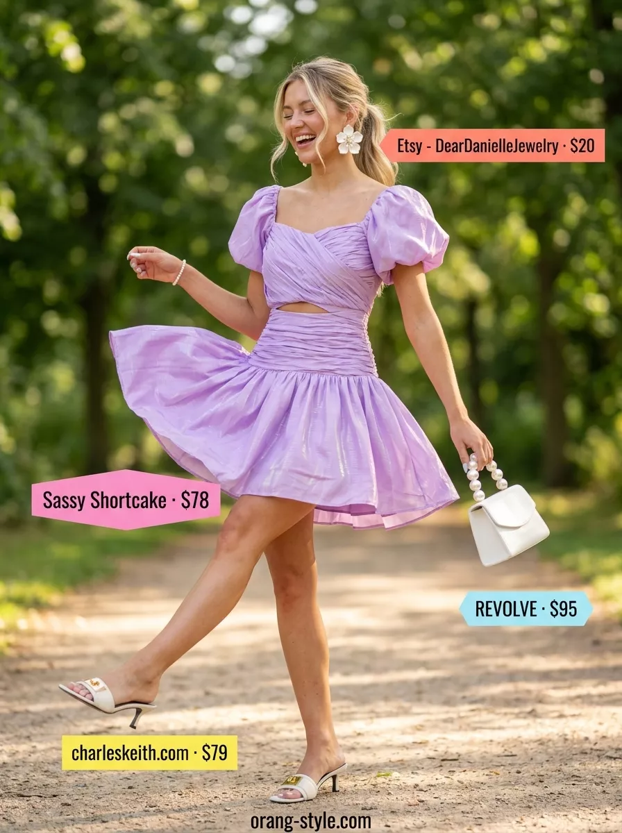Lilac Mini Dress: Trendy Summer Going Out Outfits 2026 Lilac babydoll mini dress with puff sleeves for trendy summer going out outfits for women 2026. Garden party outfit.