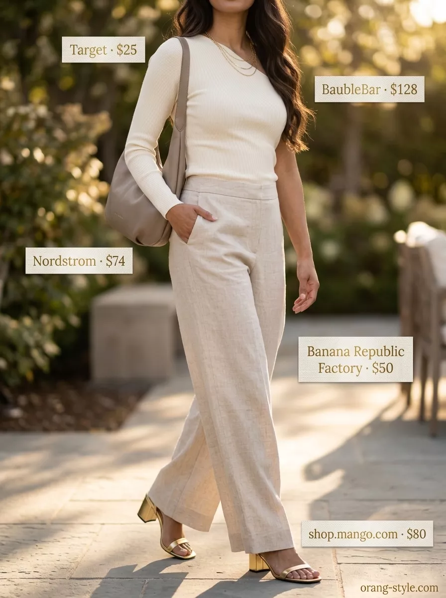 Linen Trousers: Trendy Summer Going Out Outfits 2026 Beige linen blend wide-leg trousers for trendy summer going out outfits for women 2026. Outdoor dinner look.