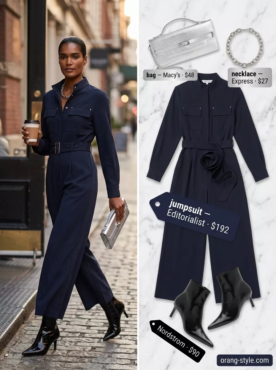 Sleek City Night Outfits for Women 2026 Midnight Urban Explorer jumpsuit: Navy utility jumpsuit with black ankle boots and silver accessories for city nights.