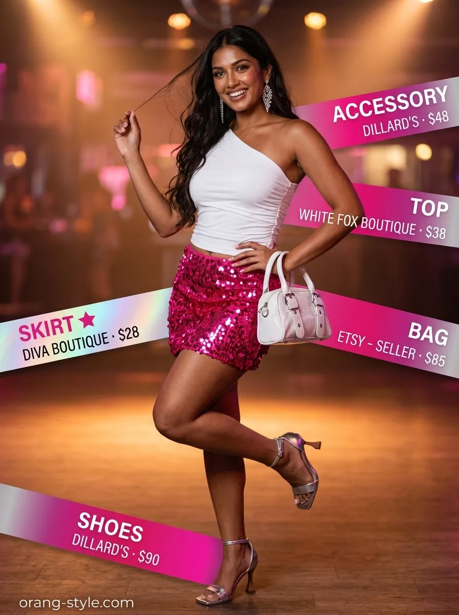 Pink Skirt: Trendy Summer Going Out Outfits 2026 Hot pink sequin mini skirt with white crop top & silver heels for trendy summer going out outfits for women 2026.