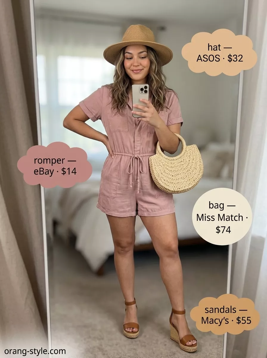 Rose Romper: Trendy Summer Going Out Outfits 2026 Dusty rose utility romper with tan espadrilles & straw hat for trendy summer going out outfits for women 2026.