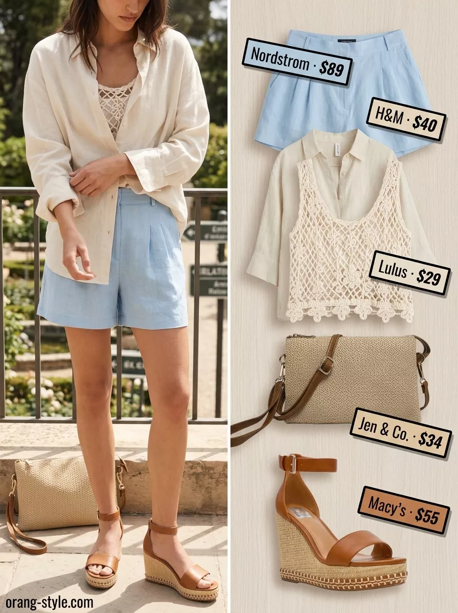 Tailored Shorts: Trendy Summer Going Out Outfits 2026 Pale blue linen shorts for trendy summer going out outfits for women 2026. Upscale brunch outfit.