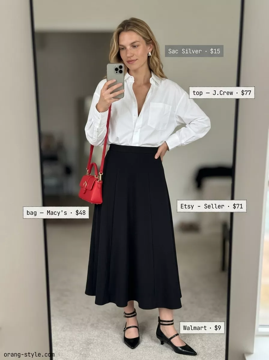Polished Summer Evening Outfits for Women 2026 Urban Sleek Soirée: Black midi skirt, white oversized shirt, and red top-handle bag for upscale lounges.