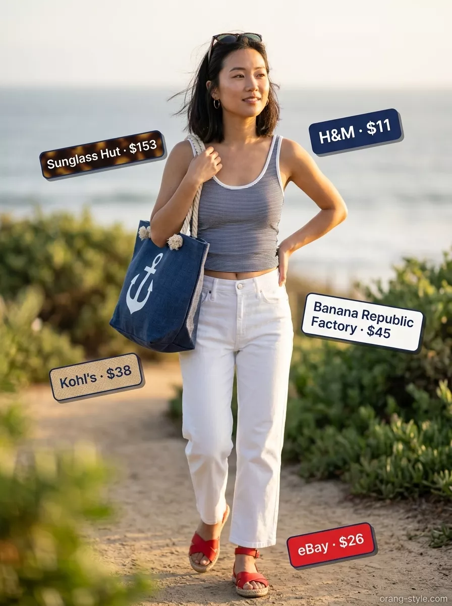 Trendy summer sleeveless tops 2026: Navy and white striped tank top with white denim jeans for coastal town vibe.
