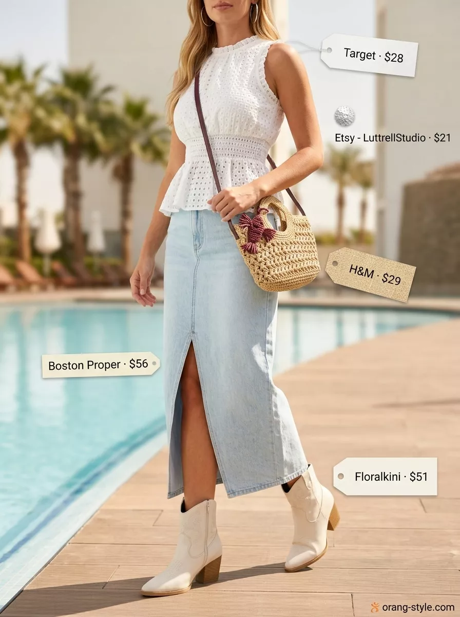 Bohemian white eyelet peplum top with distressed denim skirt for festivals. Trendy summer sleeveless tops 2026.
