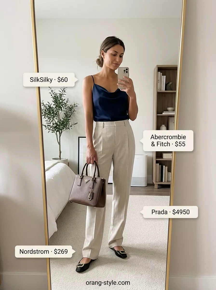 Elegant navy silk camisole with sand trousers for gallery openings. Trendy summer sleeveless tops 2026.
