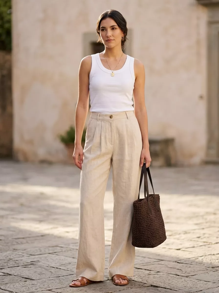 Effortless Riviera outfit with oat milk beige linen trousers and white knit tank. Trendy summer sleeveless tops 2026.