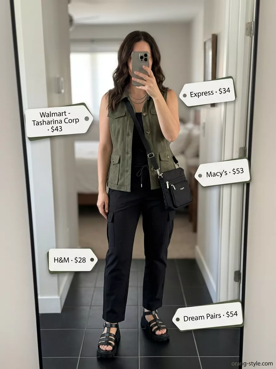 Trendy summer sleeveless tops 2026: Olive green utility vest worn as a top with black cargo pants and chunky sandals.
