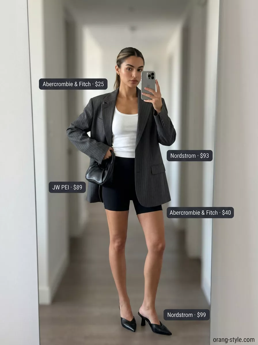 Trendy Summer Streetwear for Women 2026: Athleisure Blazer Trendy summer streetwear for women 2026: Charcoal blazer, black biker shorts, white tank, black mules, black croc bag.