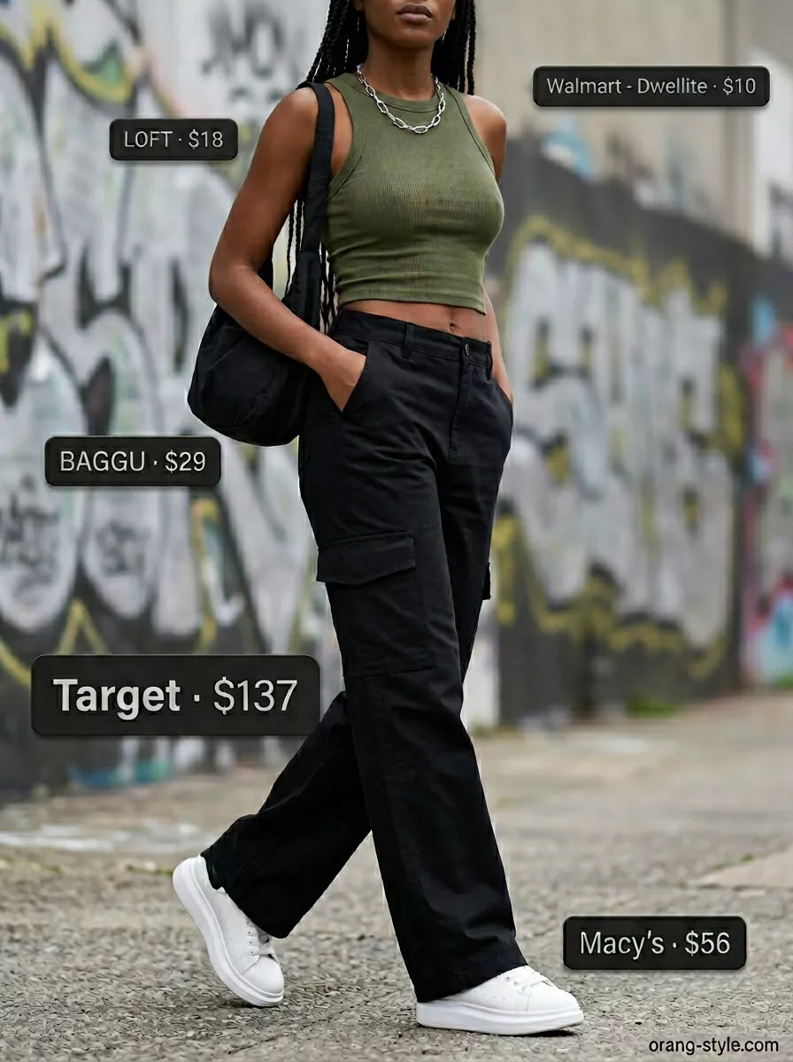 Trendy Summer Streetwear 2026: Black Cargo Pants Utility Trendy summer streetwear for women 2026: Black cargo pants, olive crop top, platform sneakers, and silver necklace for urban exploration.
