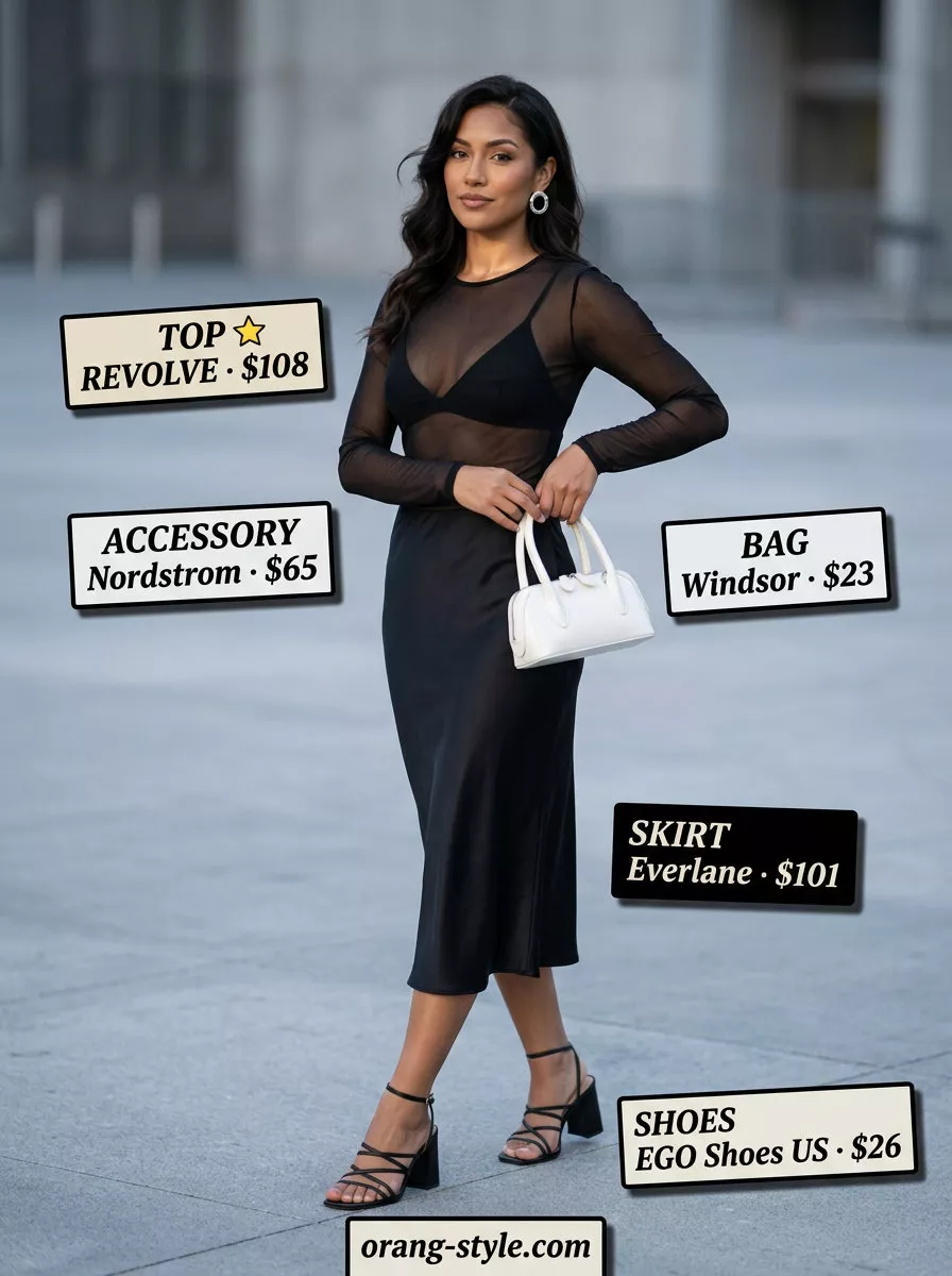 Trendy Summer Streetwear 2026: Black Mesh Top Evening Style Trendy summer streetwear for women 2026: Black sheer mesh top, black midi skirt, block heels, and statement earrings for evening events.