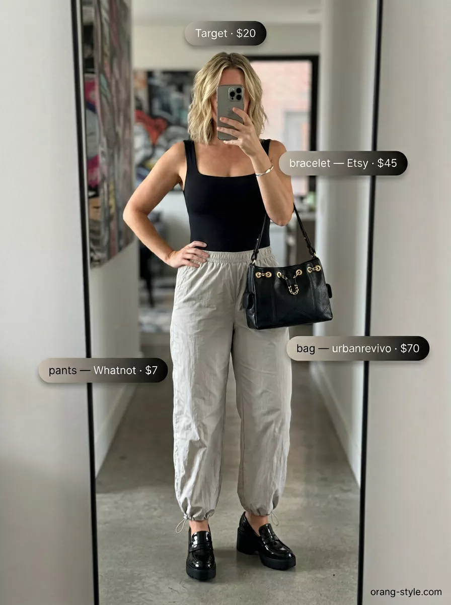 Trendy Summer Streetwear for Women 2026: Parachute Pants Trendy summer streetwear for women 2026: Greige parachute pants, black bodysuit, platform loafers, and mini shoulder bag.