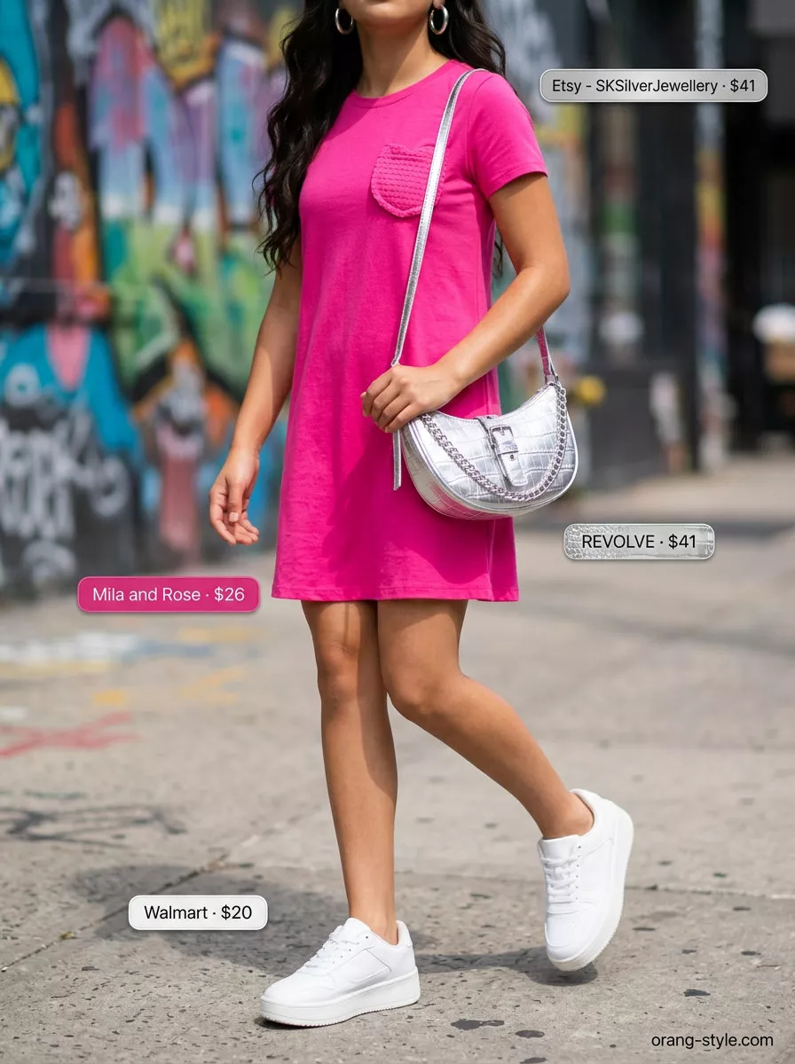Trendy Summer Streetwear 2026: Hot Pink Festival Dress Trendy summer streetwear for women 2026: Hot pink t-shirt mini dress, white platform sneakers, silver bag, and hoop earrings for festivals.