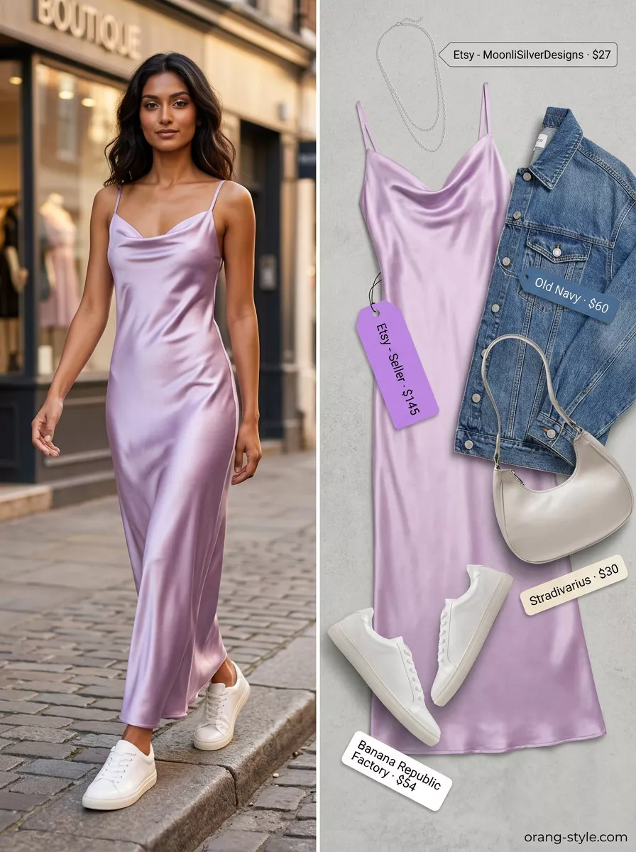 Trendy Summer Streetwear for Women 2026: Lavender Dress Trendy summer streetwear for women 2026: Lavender slip dress, oversized denim jacket, white sneakers, and layered necklaces.