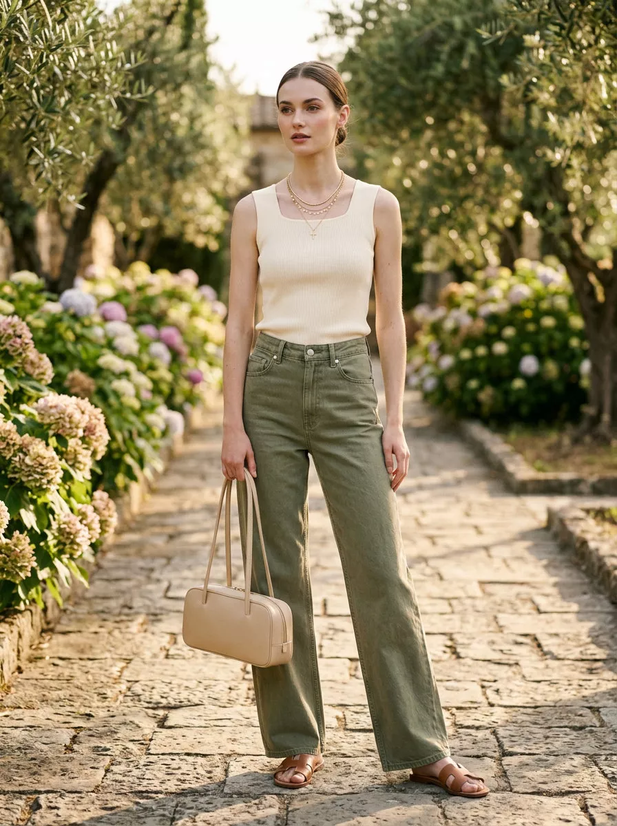 Trendy Summer Streetwear 2026: Olive Jeans Brunch Outfit Trendy summer streetwear for women 2026: Olive green wide-leg jeans, cream knit tank, tan slides, and gold necklaces for elevated casual.