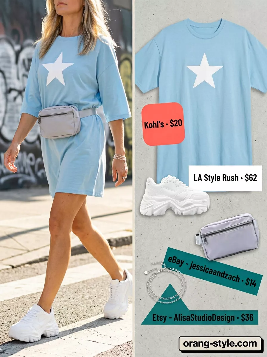 Trendy Summer Streetwear for Women 2026: Sky Blue Dress Trendy summer streetwear for women 2026: Sky blue t-shirt dress, white chunky sneakers, and a silver belt bag for errands.