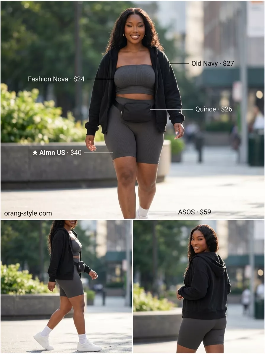 Trendy summer tube top outfits for women 2026: Athleisure luxe set with charcoal grey tube top, biker shorts, hoodie, and sneakers.
