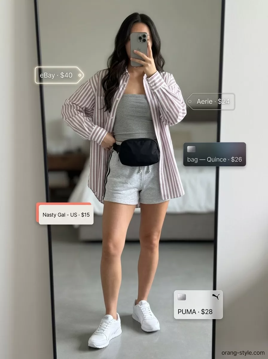 Trendy summer tube top outfits for women 2026: Athleisure tube top with athletic shorts, sneakers, and an oversized shirt for errands.