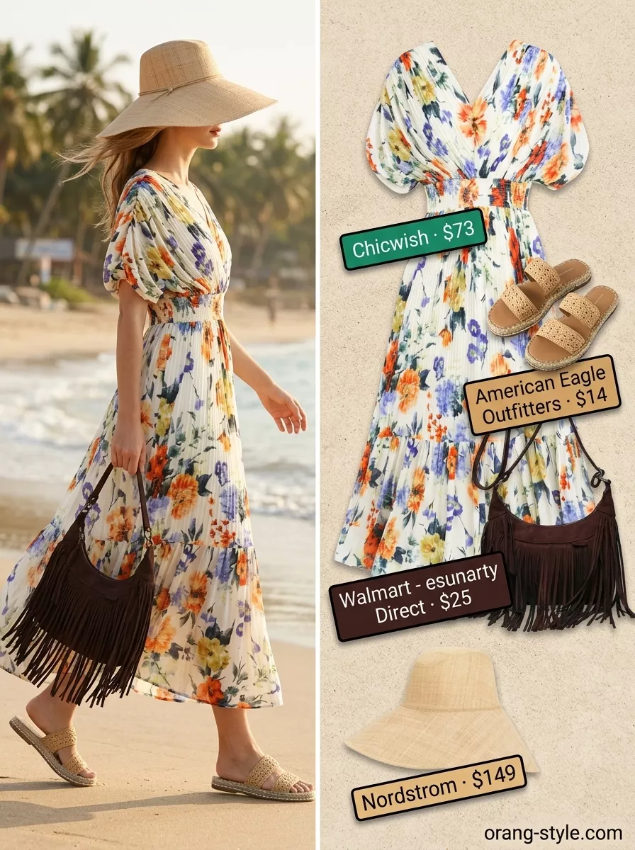 Trendy summer tube top outfits for women 2026: Bohemian maxi dress with tube top bodice, empire waist, and espadrille sandals for a festival.