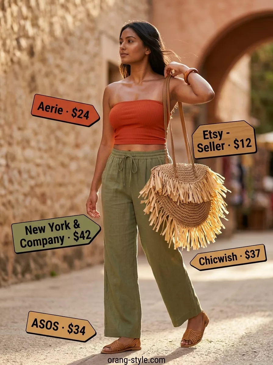 Trendy summer tube top outfits for women 2026: Earthy rust tube top with olive green linen pants, sandals, and woven bag for a relaxed vibe.