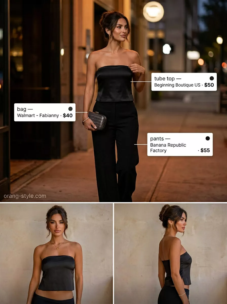 Trendy summer tube top outfits for women 2026: Elegant evening look with satin tube top, wide-leg trousers, and statement earrings.