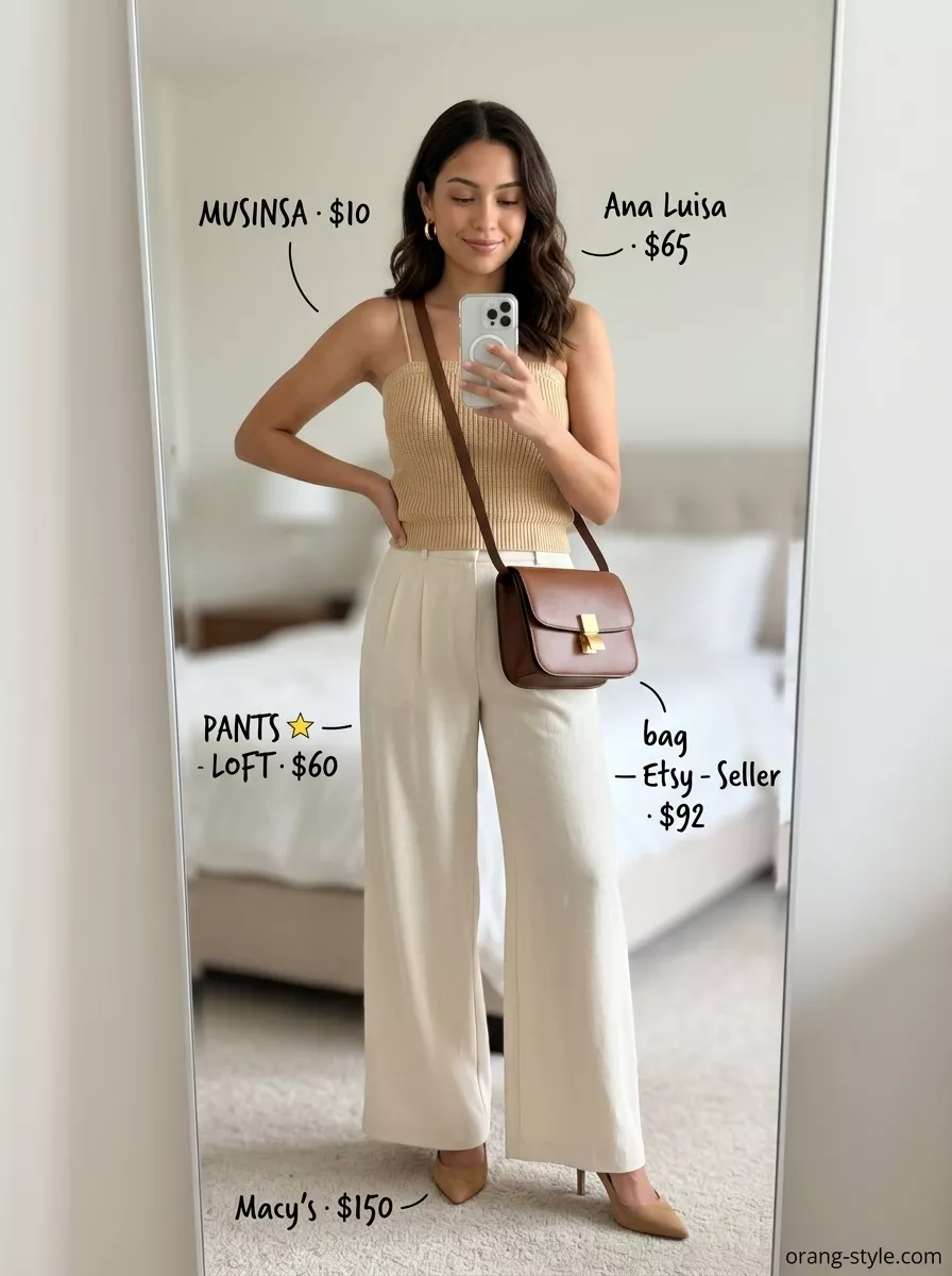 Trendy summer tube top outfits for women 2026: Monochromatic cream tube top with flowy palazzo pants, heels, and crossbody bag for a chic look.