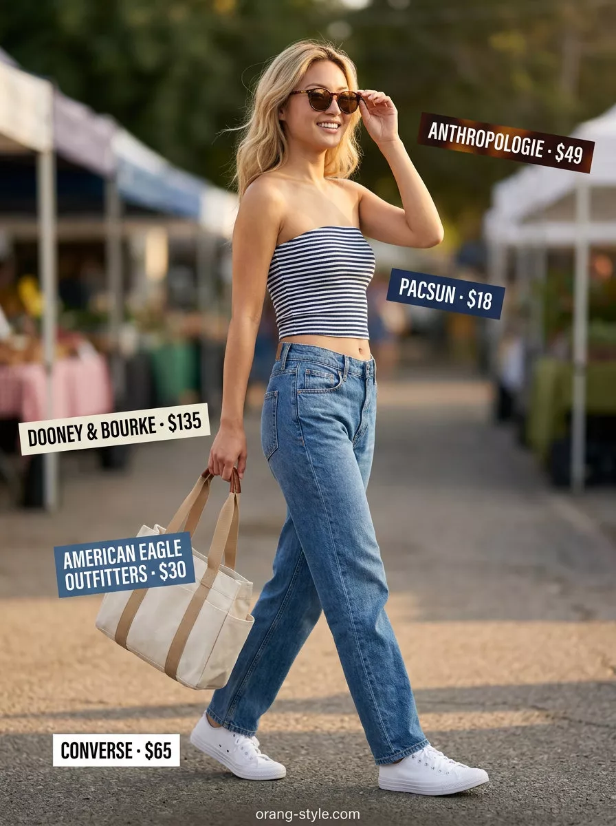 Trendy summer tube top outfits for women 2026: Casual nautical look with striped tube top, denim jeans, and canvas tote.